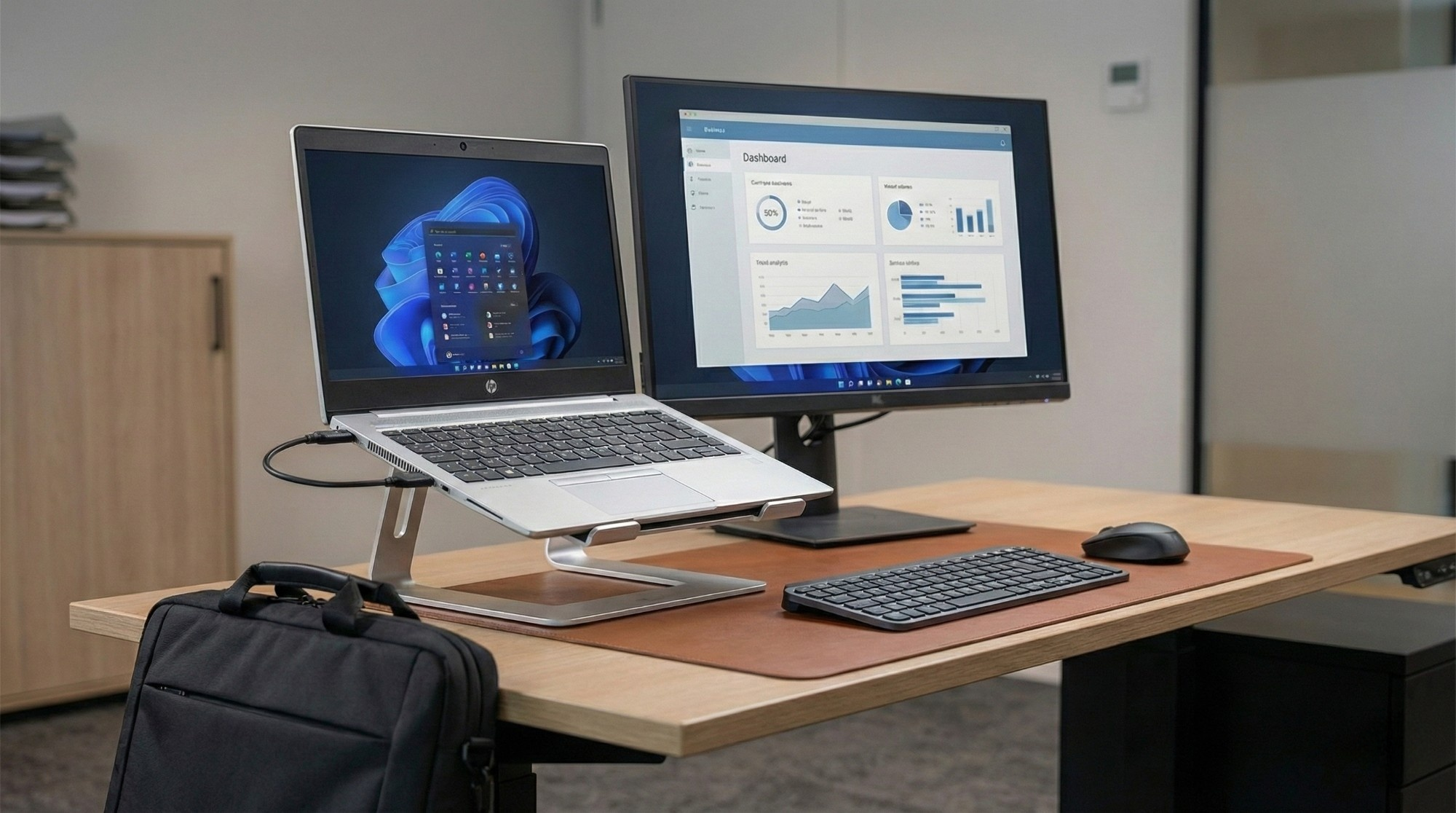 Zakelijke werkplek met laptop en monitor